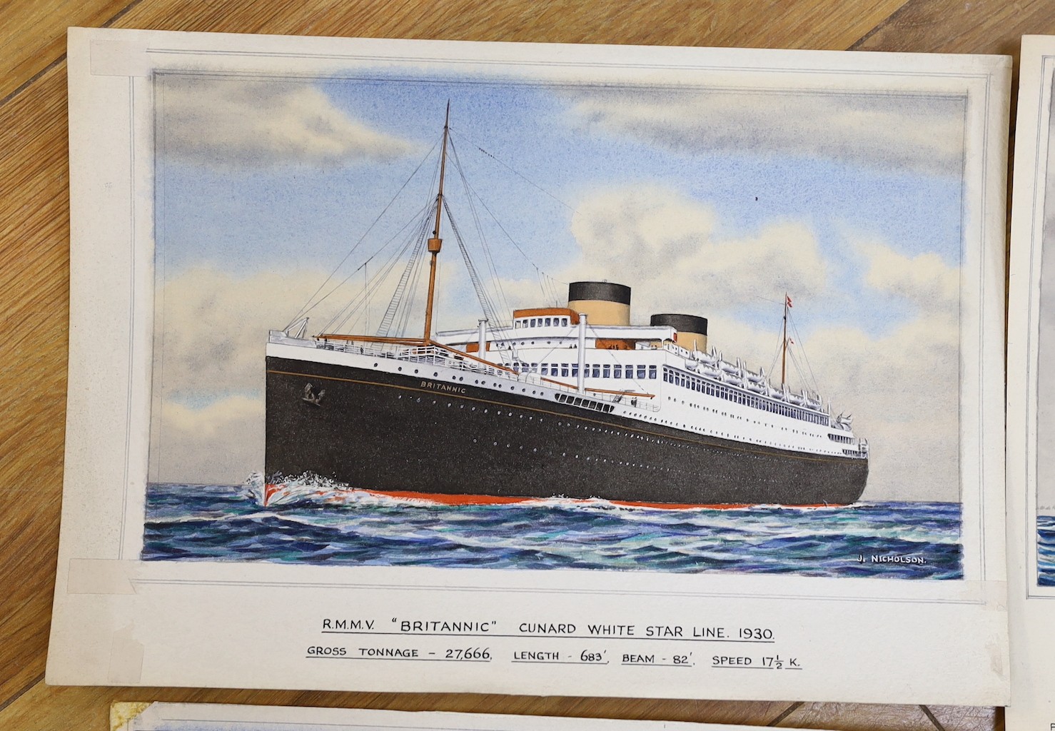 John Nicholson (1920-2003), four watercolours, Ocean liners, signed and titled, overall 21 x 31cm, unframed